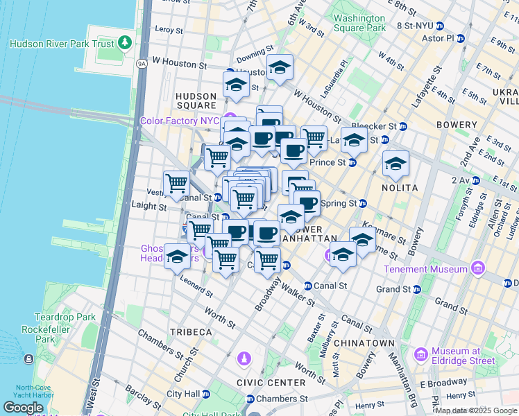 map of restaurants, bars, coffee shops, grocery stores, and more near 323 West Broadway in New York