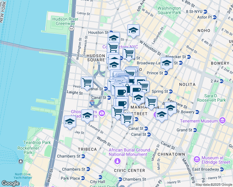 map of restaurants, bars, coffee shops, grocery stores, and more near 323 West Broadway in New York