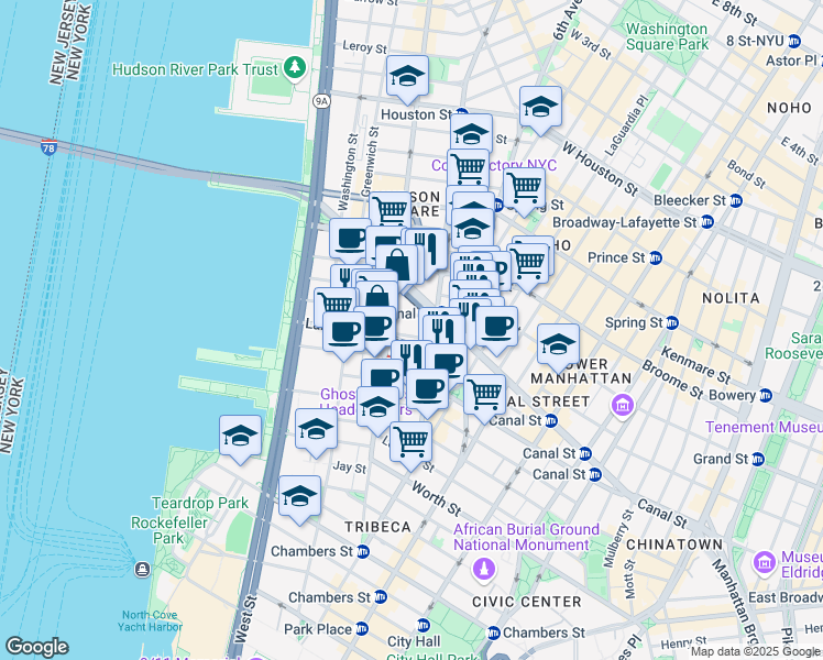 map of restaurants, bars, coffee shops, grocery stores, and more near in New York