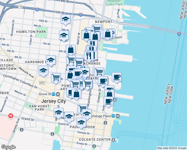 map of restaurants, bars, coffee shops, grocery stores, and more near 444 Washington Boulevard in Jersey City