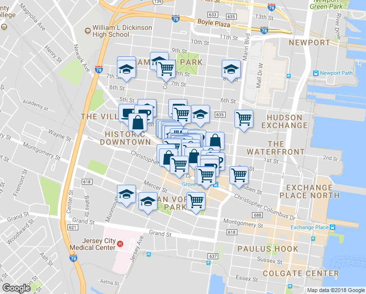 map of restaurants, bars, coffee shops, grocery stores, and more near 547 Jersey Avenue in Jersey City