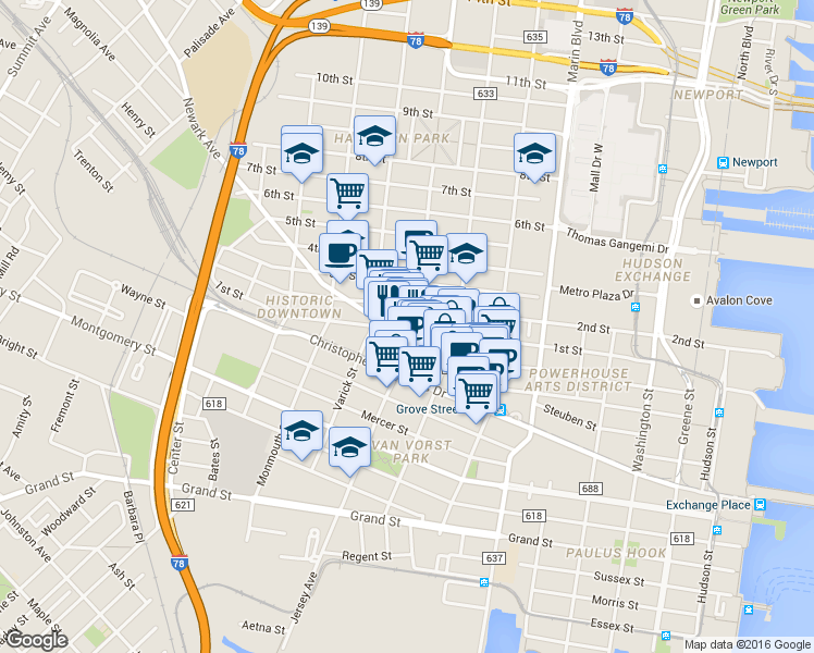 map of restaurants, bars, coffee shops, grocery stores, and more near 547 Jersey Avenue in Jersey City