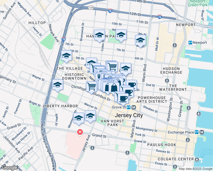 map of restaurants, bars, coffee shops, grocery stores, and more near 547 Jersey Avenue in Jersey City