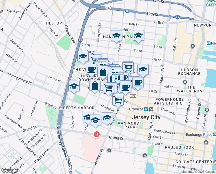 map of restaurants, bars, coffee shops, grocery stores, and more near 327 1st Street in Jersey City