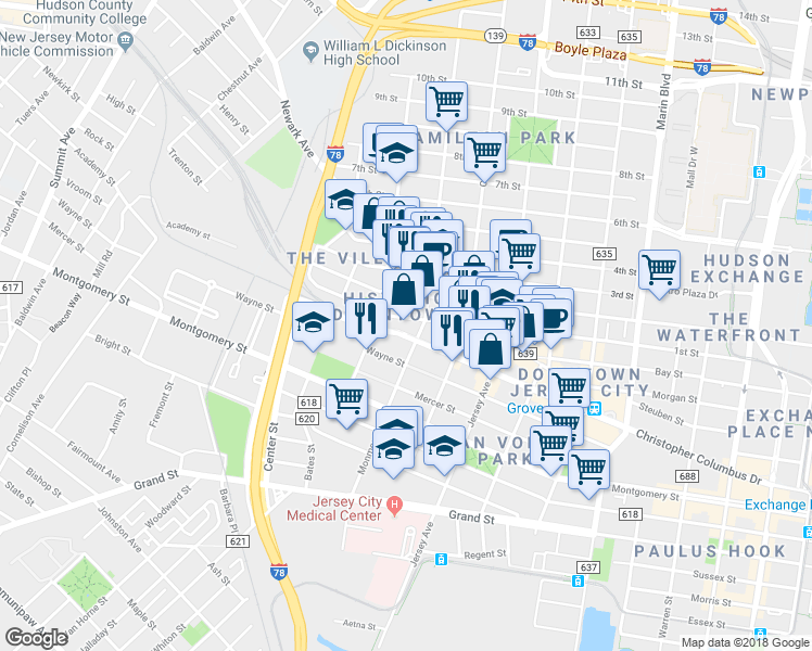 map of restaurants, bars, coffee shops, grocery stores, and more near 357 1st Street in Jersey City