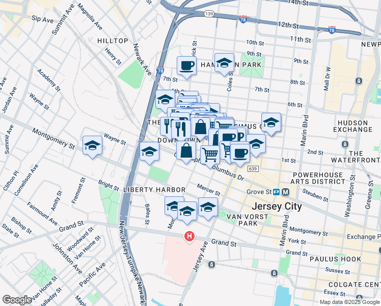 map of restaurants, bars, coffee shops, grocery stores, and more near 357 1st Street in Jersey City