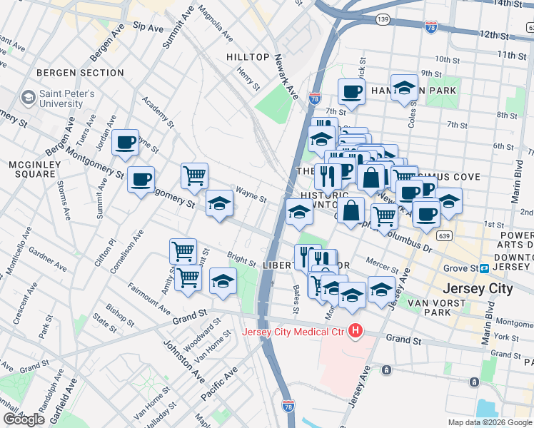 map of restaurants, bars, coffee shops, grocery stores, and more near 20 Christopher Columbus Drive in Jersey City