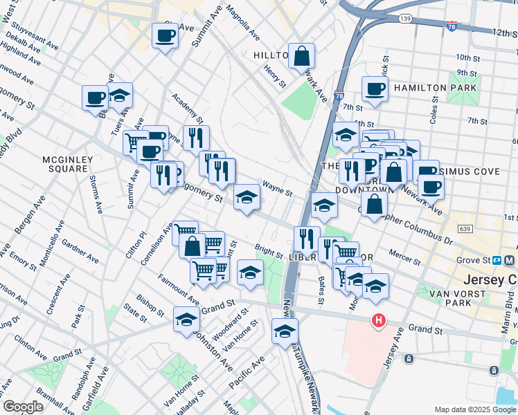 map of restaurants, bars, coffee shops, grocery stores, and more near 335 Mercer Loop in Jersey City