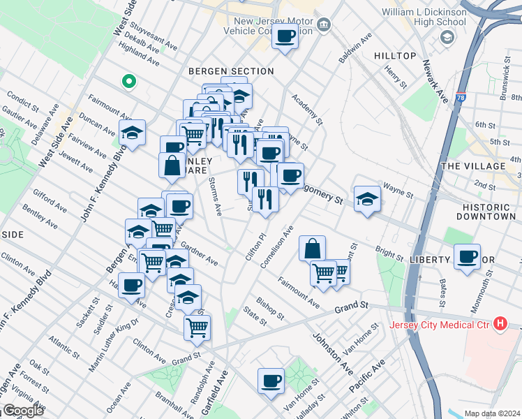 map of restaurants, bars, coffee shops, grocery stores, and more near in Jersey City