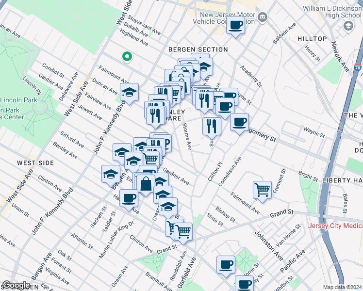 map of restaurants, bars, coffee shops, grocery stores, and more near 212 Fairmount Avenue in Jersey City