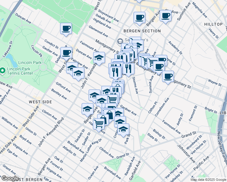 map of restaurants, bars, coffee shops, grocery stores, and more near in Jersey City