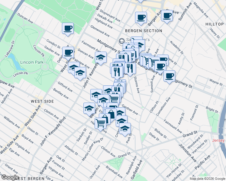 map of restaurants, bars, coffee shops, grocery stores, and more near in Jersey City