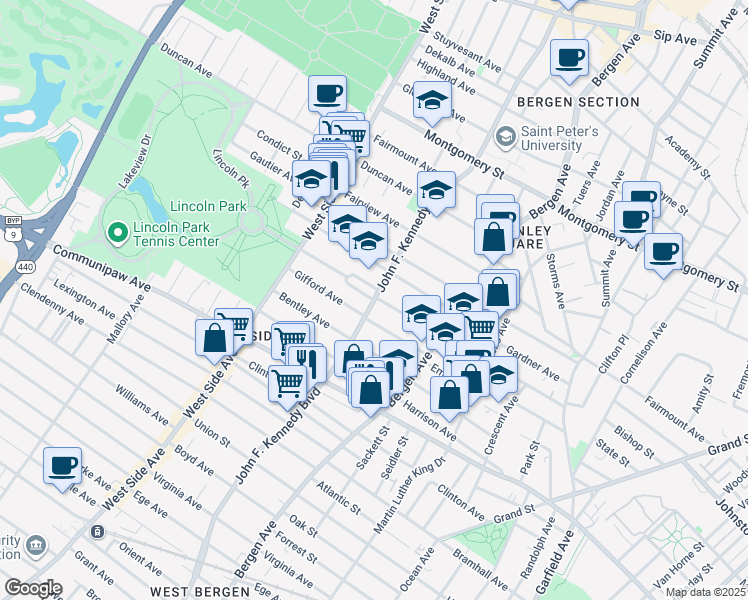 map of restaurants, bars, coffee shops, grocery stores, and more near 9500 Lincoln Park in Jersey City
