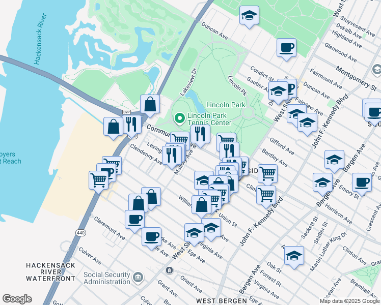 map of restaurants, bars, coffee shops, grocery stores, and more near 223 Mallory Avenue in Jersey City