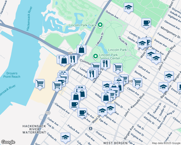 map of restaurants, bars, coffee shops, grocery stores, and more near 259 Lexington Avenue in Jersey City