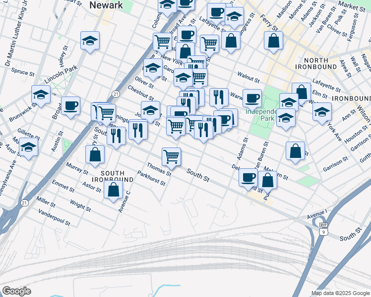 map of restaurants, bars, coffee shops, grocery stores, and more near 17 Calumet Street in Newark