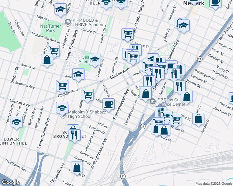 map of restaurants, bars, coffee shops, grocery stores, and more near 89 Sherman Avenue in Newark