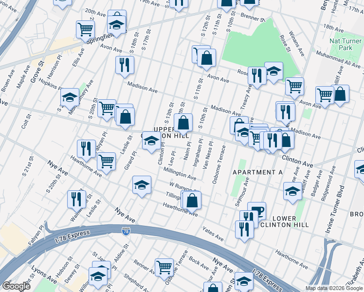 map of restaurants, bars, coffee shops, grocery stores, and more near 29 Nairn Place in Newark