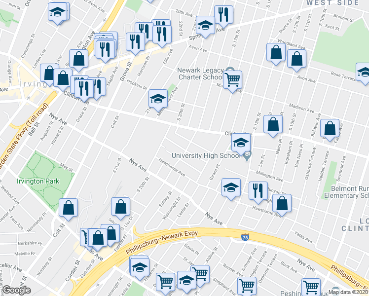 map of restaurants, bars, coffee shops, grocery stores, and more near 33 Beverly Street in Newark