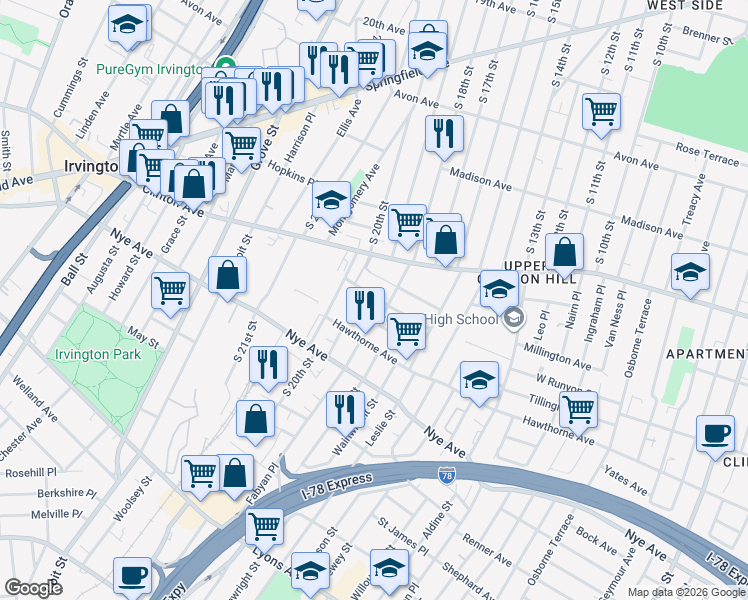 map of restaurants, bars, coffee shops, grocery stores, and more near 60 Beverly Street in Newark