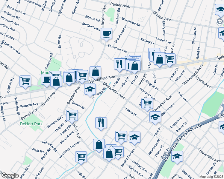 map of restaurants, bars, coffee shops, grocery stores, and more near in Irvington