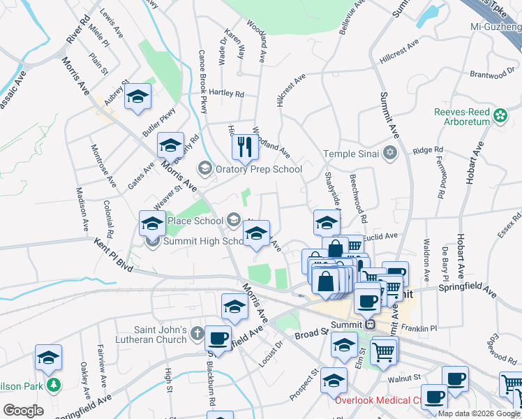 map of restaurants, bars, coffee shops, grocery stores, and more near 7 Lorraine Road in Summit