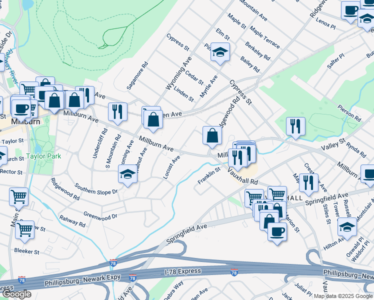 map of restaurants, bars, coffee shops, grocery stores, and more near 167 Millburn Avenue in Essex County