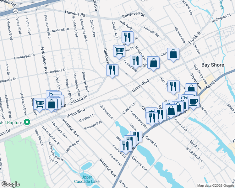 map of restaurants, bars, coffee shops, grocery stores, and more near 73 Community Road in Bay Shore