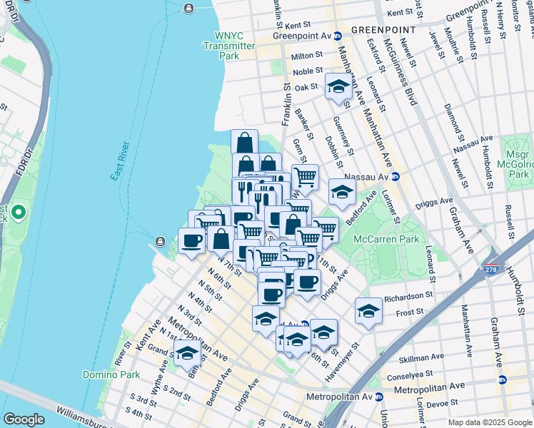 map of restaurants, bars, coffee shops, grocery stores, and more near 65 North 11th Street in Brooklyn