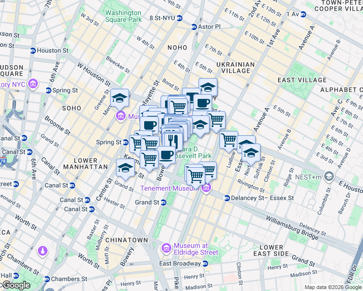 map of restaurants, bars, coffee shops, grocery stores, and more near 195 Chrystie Street in New York