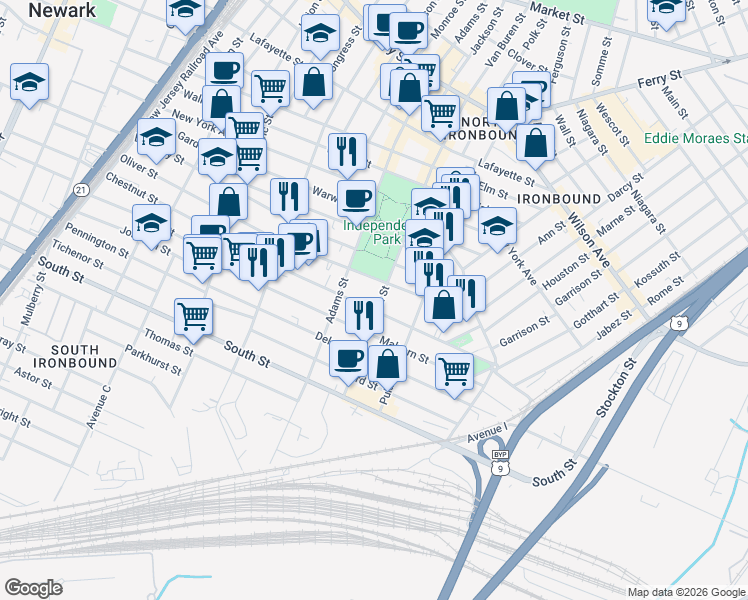 map of restaurants, bars, coffee shops, grocery stores, and more near 338 Chestnut Street in Newark