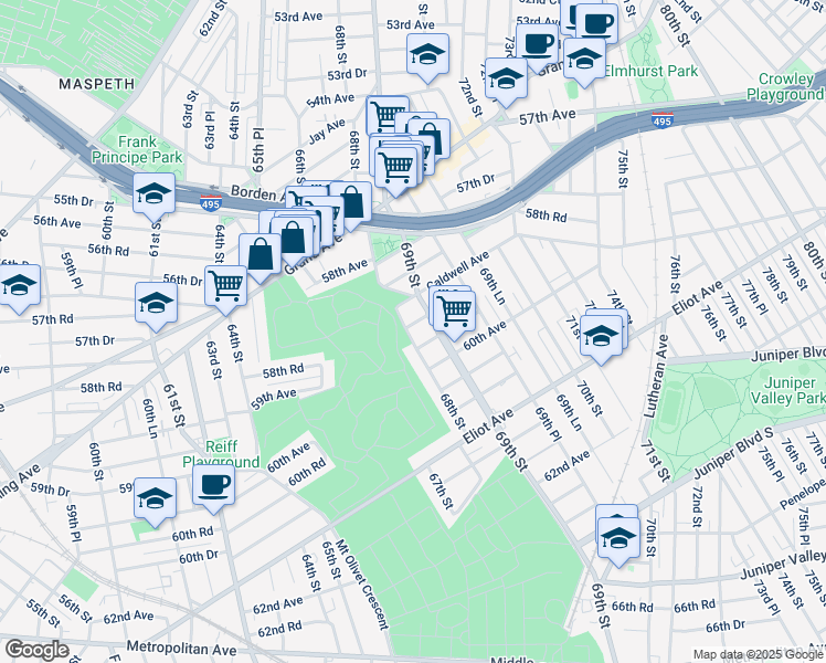 map of restaurants, bars, coffee shops, grocery stores, and more near 68-04 59th Road in Queens