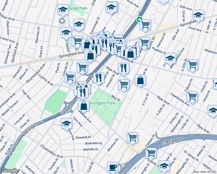 map of restaurants, bars, coffee shops, grocery stores, and more near 100 Howard Street in Irvington