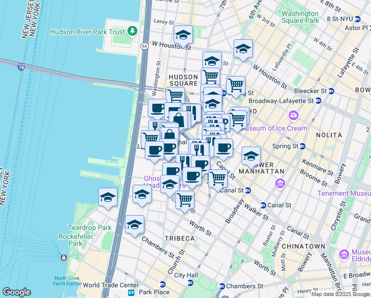 map of restaurants, bars, coffee shops, grocery stores, and more near in New York