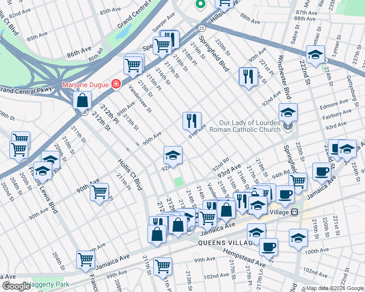 map of restaurants, bars, coffee shops, grocery stores, and more near 91-01 Vanderveer Street in Queens