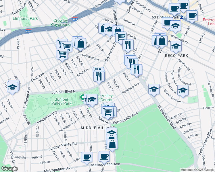 map of restaurants, bars, coffee shops, grocery stores, and more near 63-11 82nd Place in Queens