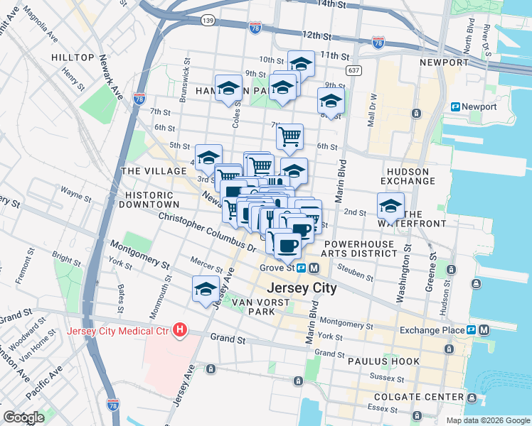 map of restaurants, bars, coffee shops, grocery stores, and more near in Jersey City