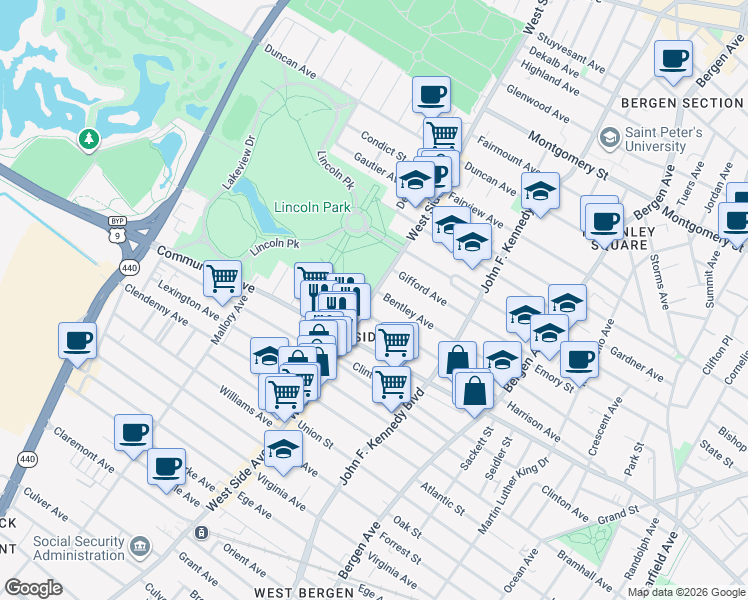 map of restaurants, bars, coffee shops, grocery stores, and more near in Jersey City