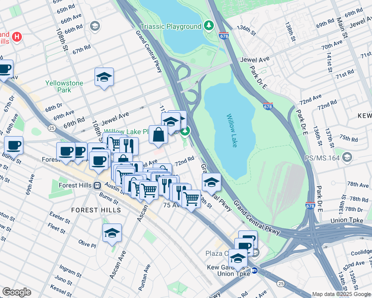 map of restaurants, bars, coffee shops, grocery stores, and more near 112-50 72nd Avenue in Queens