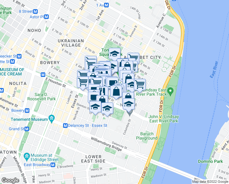 map of restaurants, bars, coffee shops, grocery stores, and more near 251 East 3rd Street in New York