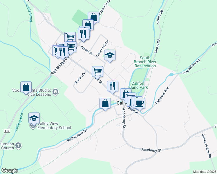 map of restaurants, bars, coffee shops, grocery stores, and more near 90 Main Street in Califon