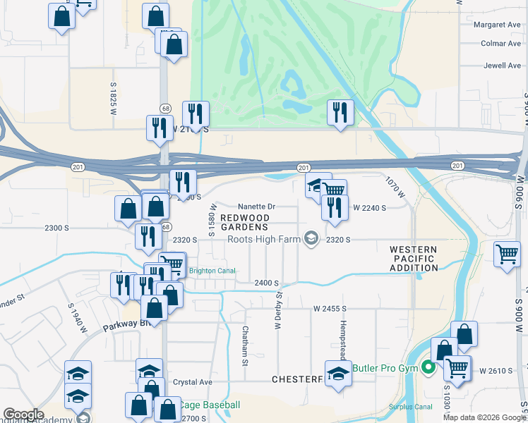 map of restaurants, bars, coffee shops, grocery stores, and more near 1445 Nanette Drive in West Valley City