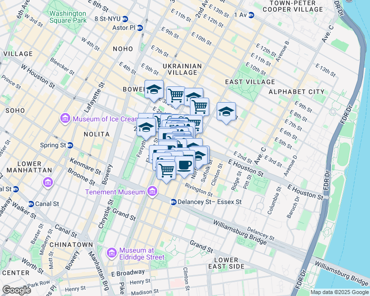 map of restaurants, bars, coffee shops, grocery stores, and more near 179 Ludlow Street in New York