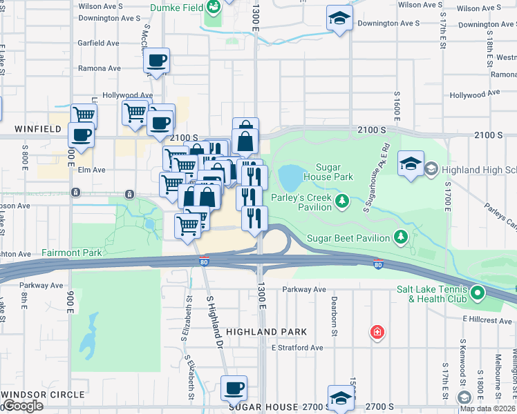 map of restaurants, bars, coffee shops, grocery stores, and more near 2567 Simpson Avenue in Salt Lake City