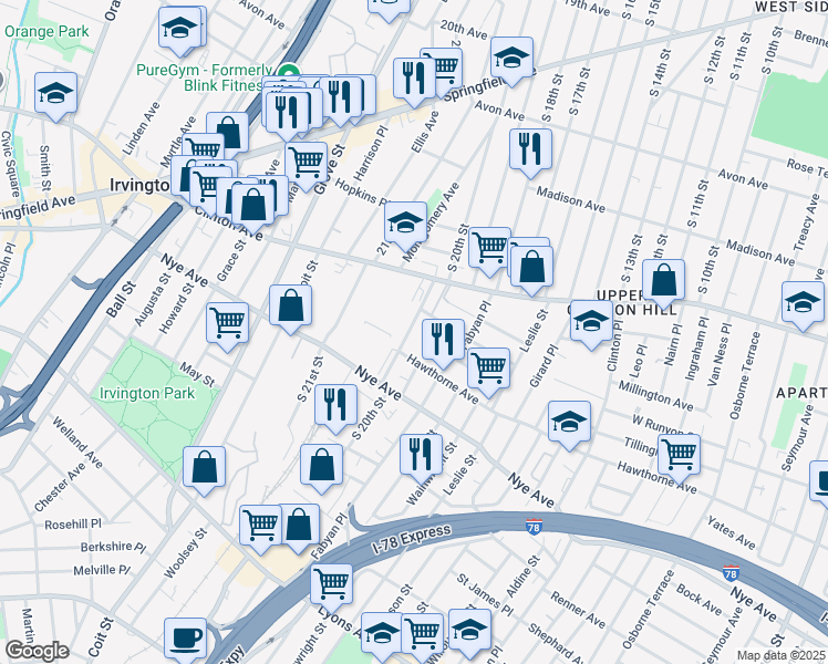 map of restaurants, bars, coffee shops, grocery stores, and more near 48 South 20th Street in Irvington
