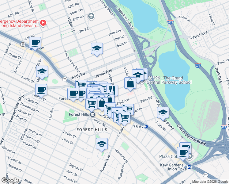 map of restaurants, bars, coffee shops, grocery stores, and more near 108-27 Queens Boulevard in Queens