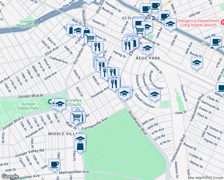 map of restaurants, bars, coffee shops, grocery stores, and more near 63-88 Woodhaven Boulevard in Queens