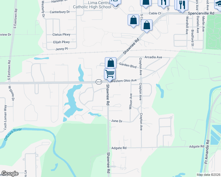map of restaurants, bars, coffee shops, grocery stores, and more near 1255 Shawnee Road in Lima
