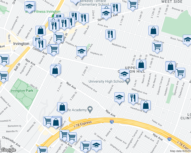 map of restaurants, bars, coffee shops, grocery stores, and more near 41 Fabyan Place in Newark