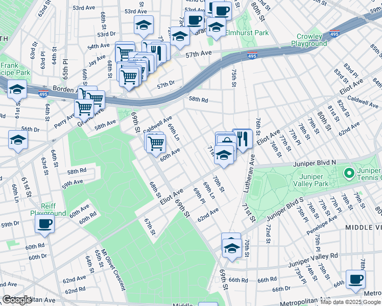map of restaurants, bars, coffee shops, grocery stores, and more near 60-19 69th Lane in Queens